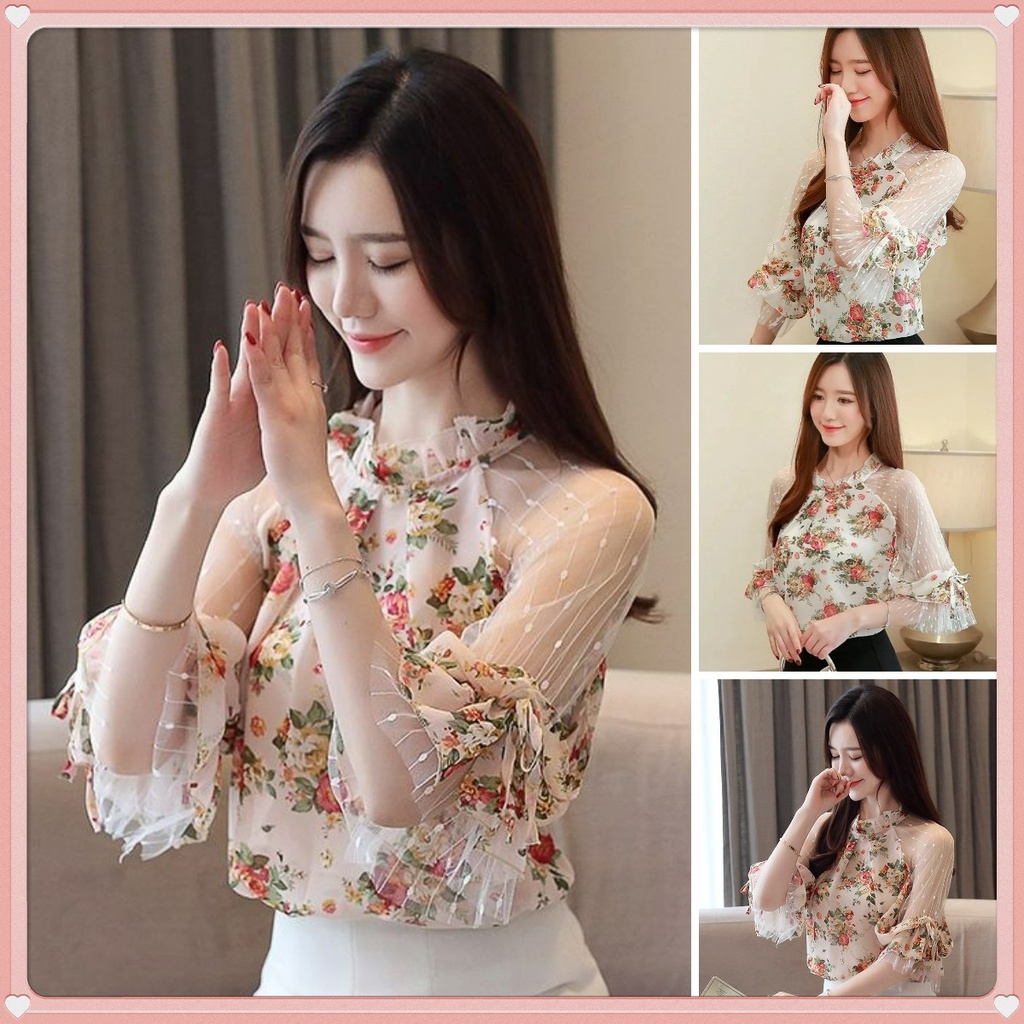 Áo Chiffon Nữ Trễ Vai Phối Ren Họa Tiết Hoa Thời Trang