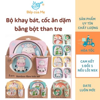 Bộ khay bát ăn dặm sợi tre cho bé, Bát ăn dặm BAMBO cao cấp 5 món khay bát cốc thìa dĩa cho bé tập ăn, Shop Bếp Của Mẹ
