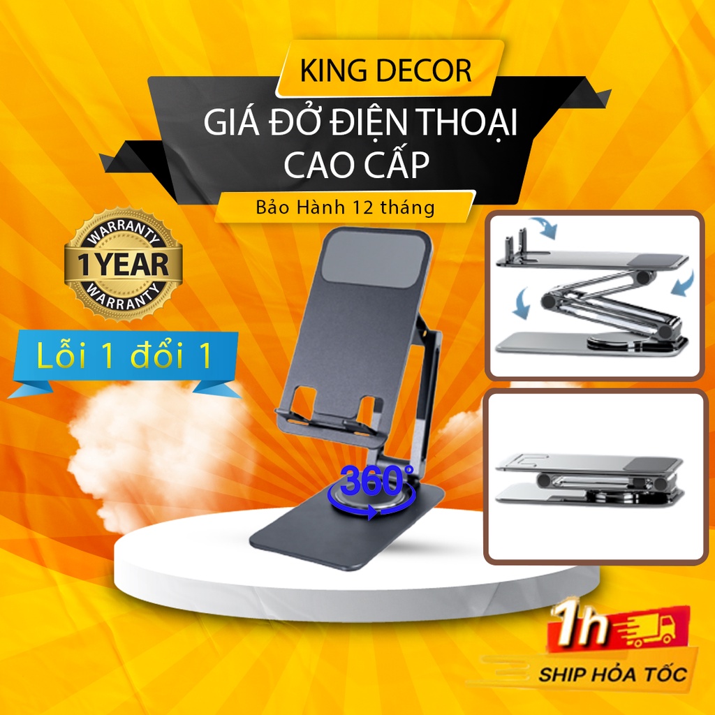 Giá đỡ điện thoại xoay 360 đa năng để bàn bằng kim loại nhôm KingDecor, Giá để điện thoại gấp gọn dễ dàng không đổ.