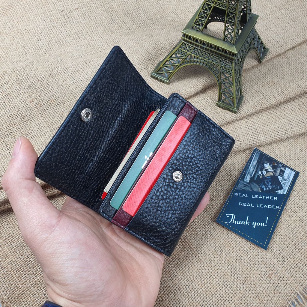 Ví da mini nam/nữ Đen mesh đỏ Cao Cấp – MN115, BH 3 Năm, Ví nhỏ