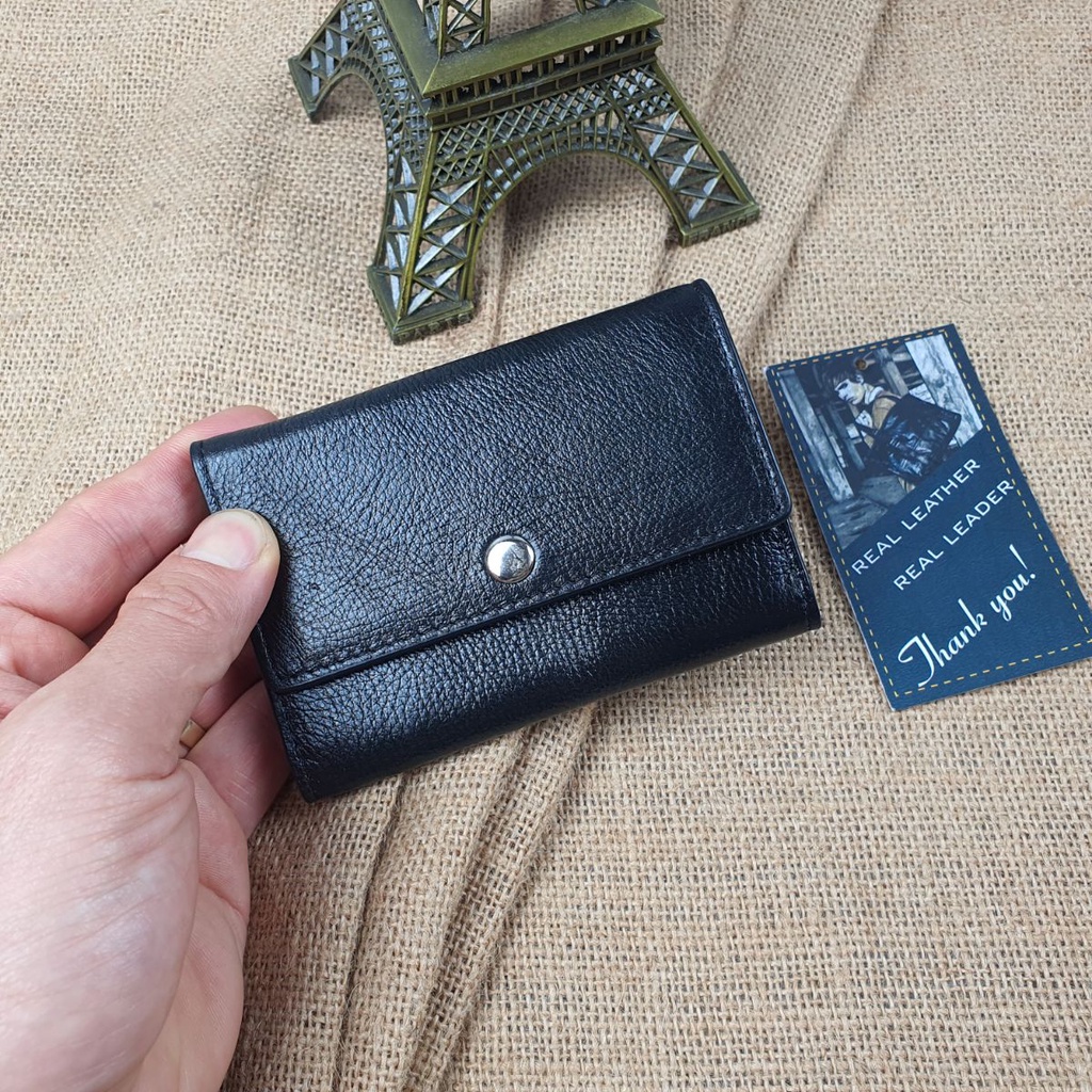 Ví da mini nam/nữ Đen mesh đỏ Cao Cấp – MN115, BH 3 Năm, Ví nhỏ