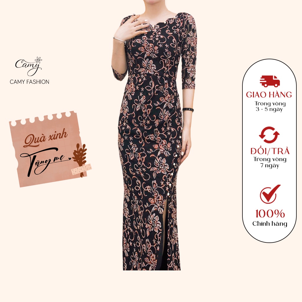 Đầm Dạ Hội Trung Niên Dự Tiệc Sang Trọng,CAMY Nhiều Size Vải Voan Lưới Cho Mẹ Co Gĩan Màu Đỏ_3795