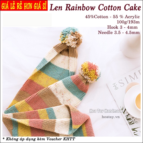 Len Rainbow Cotton Cake- Len đan móc khăn, nón thời trang, tông màu loang độc đáo.