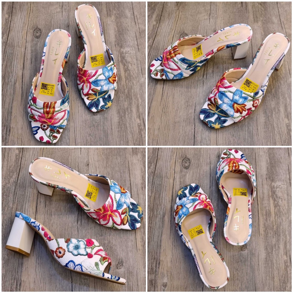 Giày Dép Nhật cao gót Kirei floral 3D embroidery printed ZFC Hồng trắng