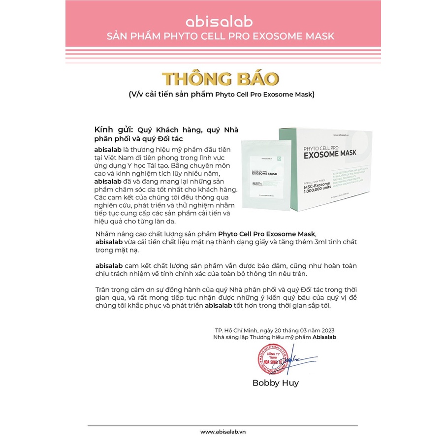 Mặt Nạ Tế Bào Gốc Căng Bóng Phyto Cell Exosome Mask Abisalab 10 mask x 10ml