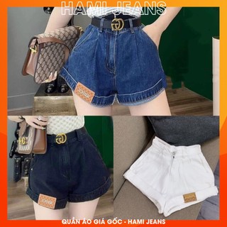 Quần short jean lưng siêu cao quần đùi bò cạp cao lật lai gắn mạc da loại 1