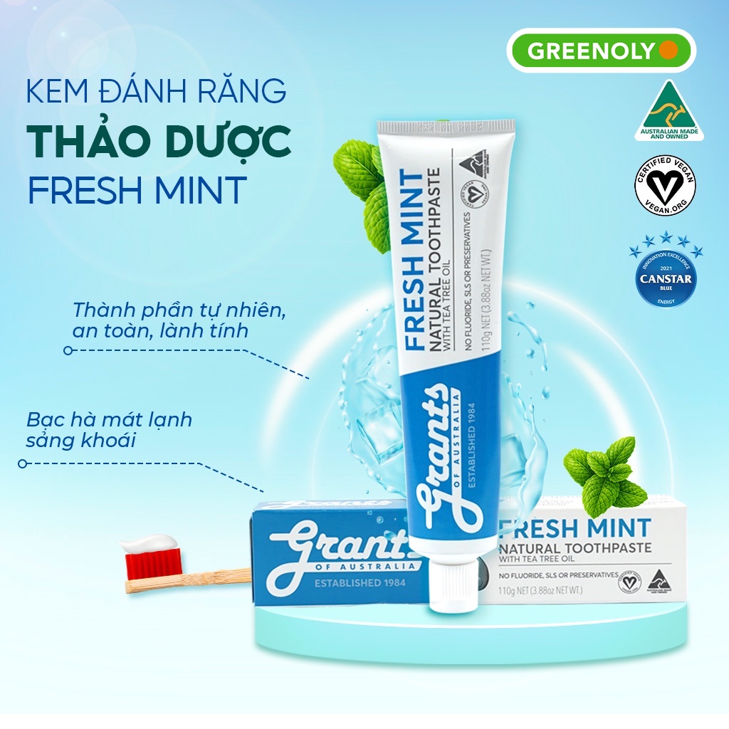 Kem Đánh Răng Thảo Dược GRANTS Tràm Trà Bạc Hà Dùng Cho Cả Gia Đình, Giảm Ê Buốt Hơi Thở Thơm Mát Tuýp 110g