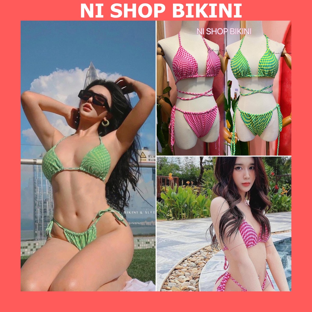 Bikini tam giác rút dây họa tiết caro xanh hồng đồ bơi đi biển xinh xắn
