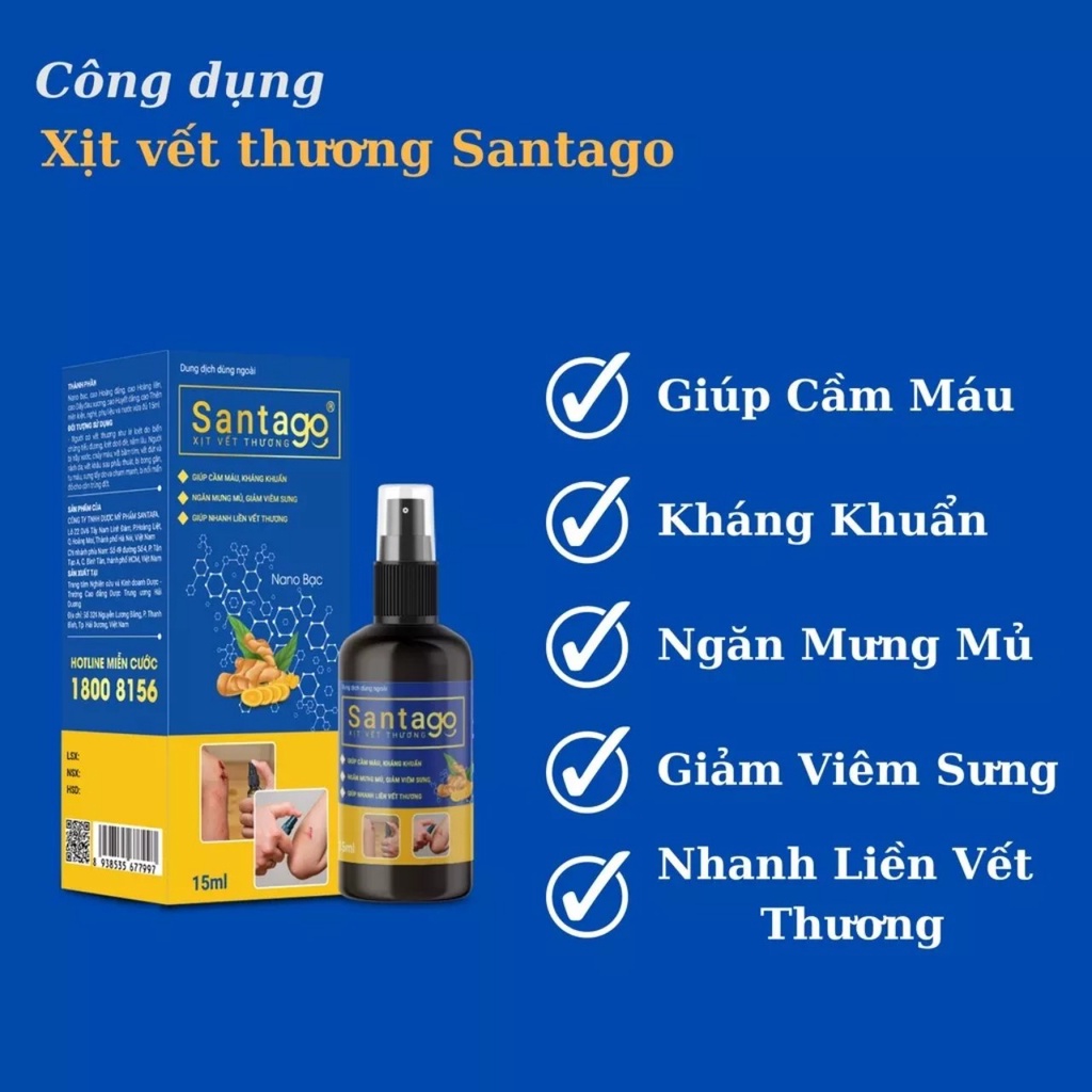 Xịt vết thương kháng khuẩn, nhanh lành vết thương Santago 15ml