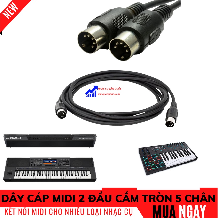 Dây Cáp Midi 2 Đầu Cắm Tròn 5 Chân Cao Cấp Dài 1.5m Cho Đàn Piano, Đàn Organ, Keyboard