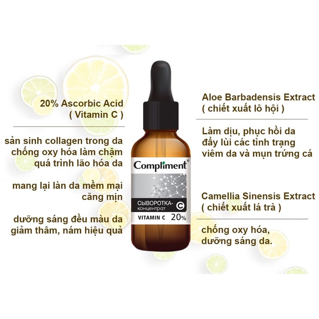 Serum Compliment 20% Vitamin C dưỡng trắng, mờ thâm, căng bóng da 27ml