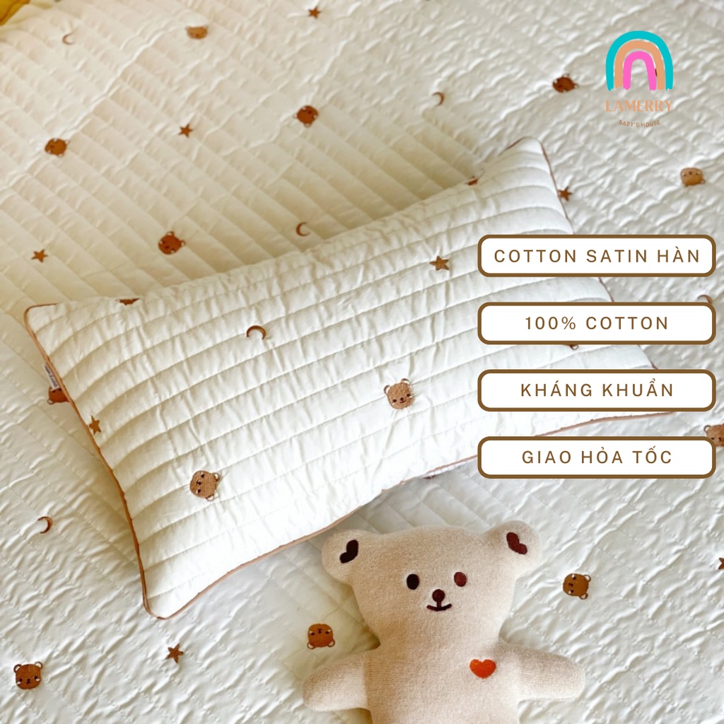 Gối nằm cho bé, gối cho bé chất liệu Cotton Hàn kèm ruột, vỏ gối chần bông, chỉnh độ dày cho bé từ 1 đến 10 tuổi