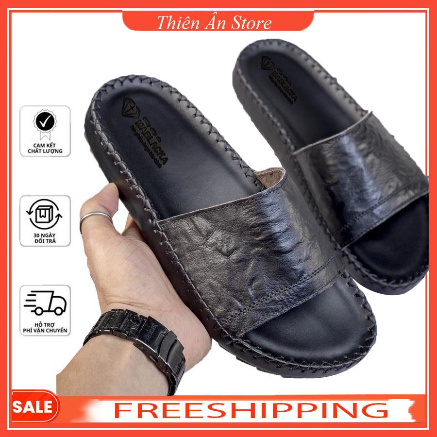 Dép da nam quai ngang da bò thật,màu Đen sang trọng đế cao 2,5cm AT28