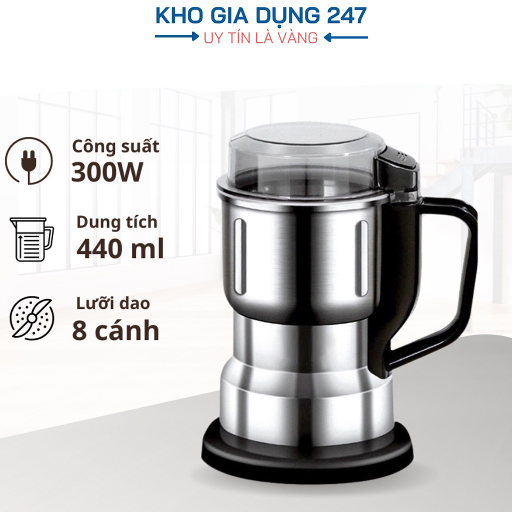 Máy Xay Hạt Khô, Máy Xay Bột Ngũ Cốc, Cafe, Thảo Dược Công Suất 300W, 6 Lưỡi Dao Cực Bén, Chất Liệu Cối Inox