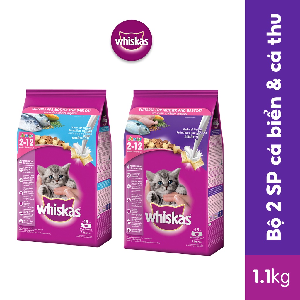 Bộ 2 túi thức ăn WHISKAS®  cho mèo con dạng hạt 1.1kg (2 túi)