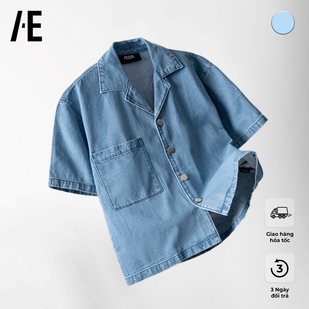 Áo sơ mi jeans tay ngắn lá cổ vest thương hiệu Aesir
