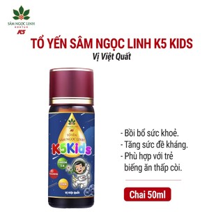  Tổ Yến Sâm Ngọc Linh K5 Kids Tăng Miễn Dịch Tốt Cho Tiêu Hóa Của Trẻ Vị Việt Quốc Chai Lẻ 50ml 