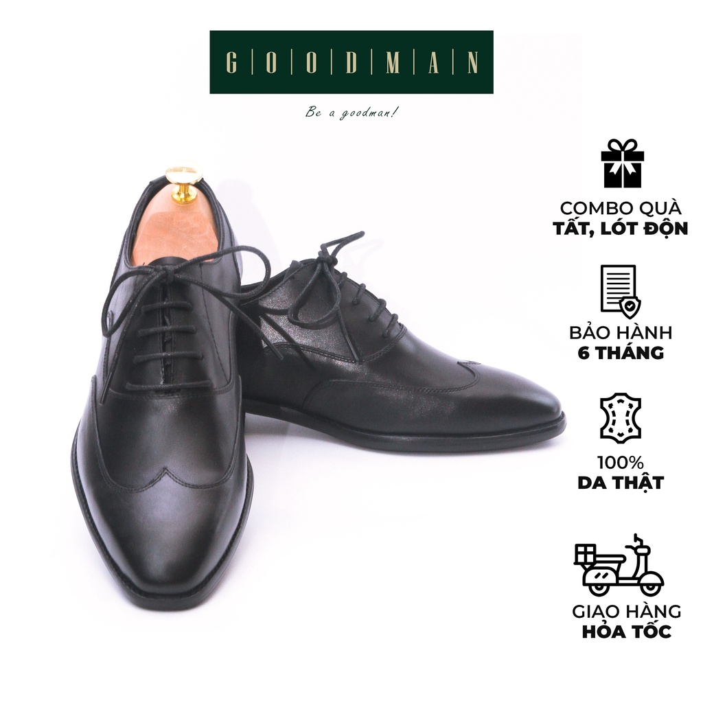 Giày nam da bò cao cấp đế phíp gỗ GOODMAN Oxford Wingtip Trơn sang trọng và thanh lịch GM OWTT-Đ