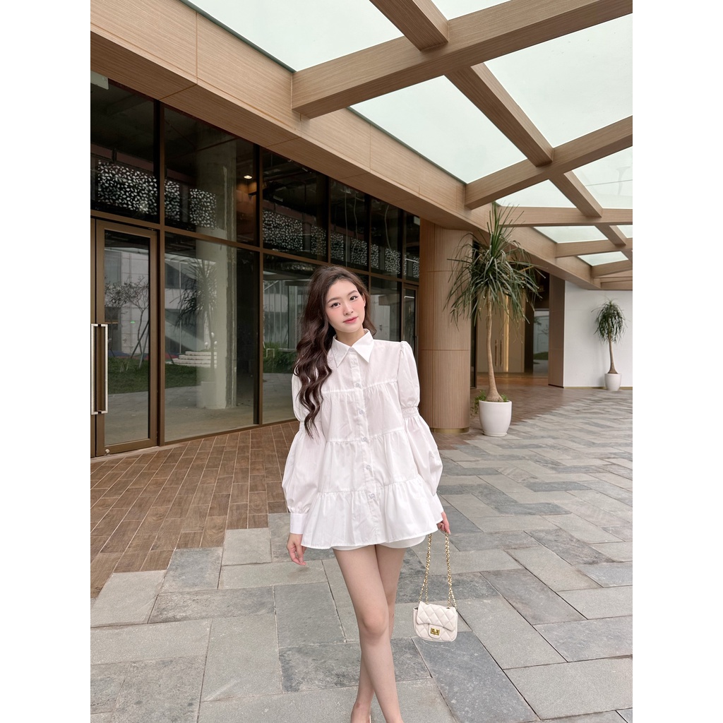 YU CHERRY | Áo sơmi tay dài form babydoll Shirred Sleeve Babydoll Shirt YA449