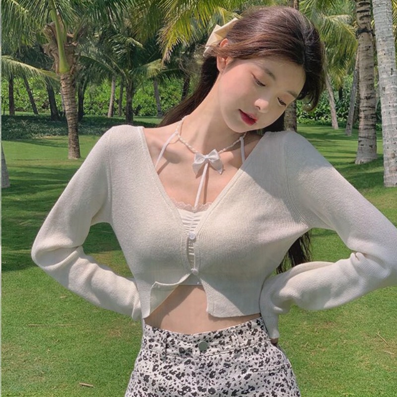 Set áo khoác cardigan dệt kim mỏng cổ V cài nút + bra ren nơ phong cách quyến rũ thời trang nữ hè 2023