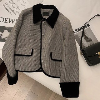 Áo khoác dạ tweed thiết kế cổ và tay áo nhung phối cúc ngọc hàng quảng châu cao cấp