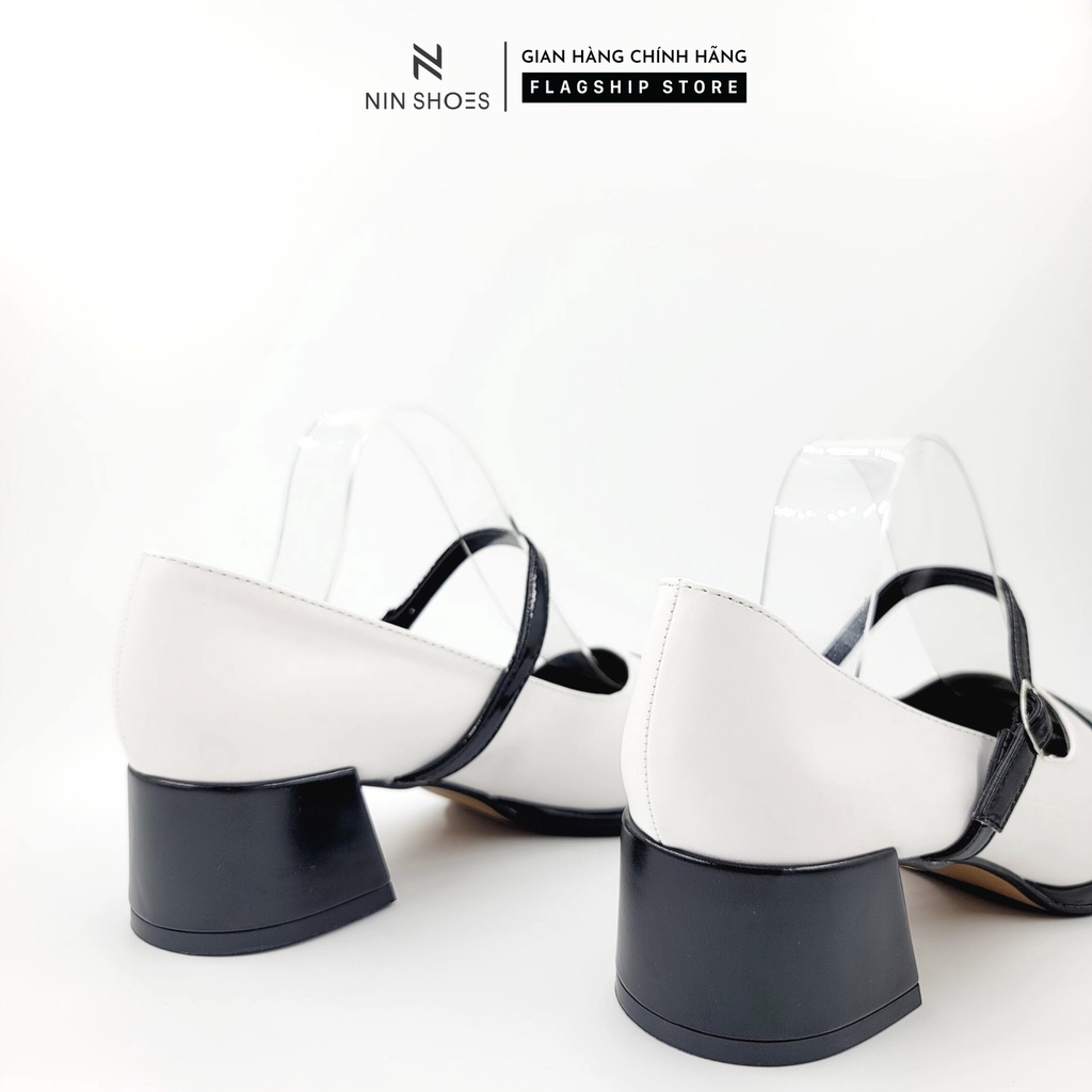 Giày cao gót Ninshoes mary jane  5 Phân đế vuông mũi tròn quai ngang khuy hông pha màu hot trend