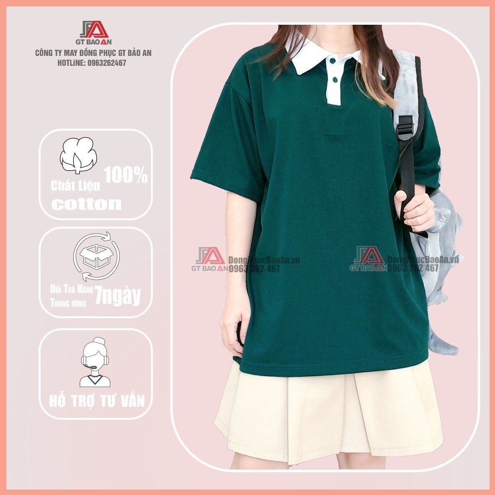 Áo thun polo đồng phục nhóm lớp màu XANH cổ trắng/kem - áo phông unisex đẹp, năng động, form đẹp giá rẻ