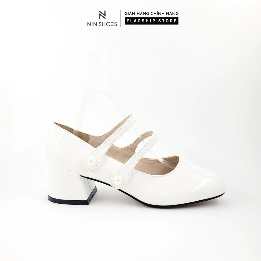 Giày cao gót Ninshoes 3 Phân đế vuông mũi tròn quai ngang đính ngọc