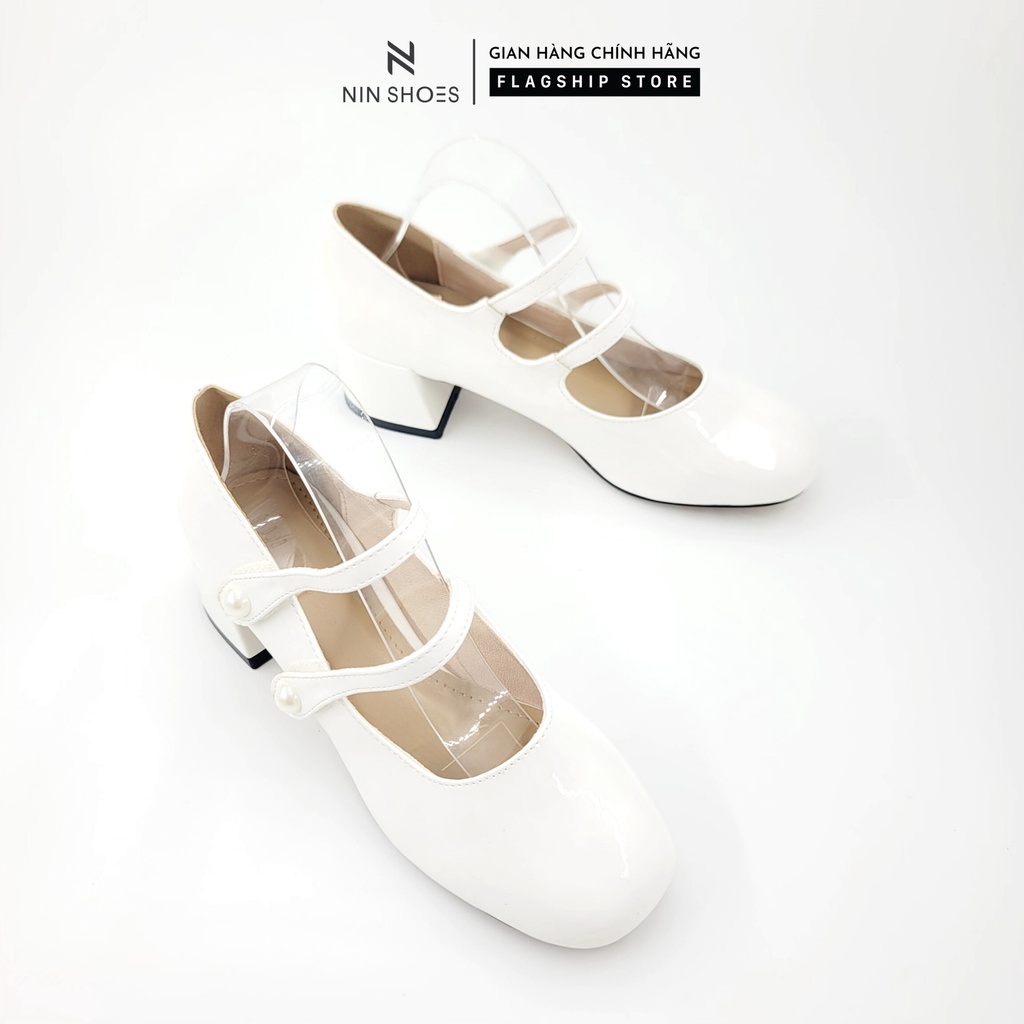 Giày cao gót Ninshoes 3 Phân đế vuông mũi tròn quai ngang đính ngọc