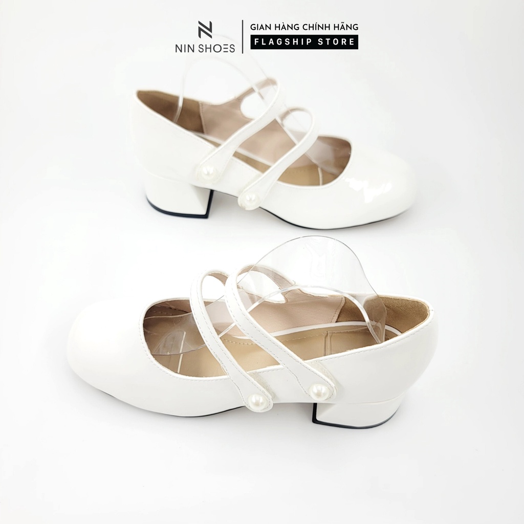 Giày cao gót Ninshoes 3 Phân đế vuông mũi tròn quai ngang đính ngọc