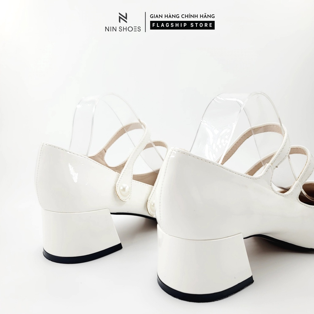 Giày cao gót Ninshoes 3 Phân đế vuông mũi tròn quai ngang đính ngọc