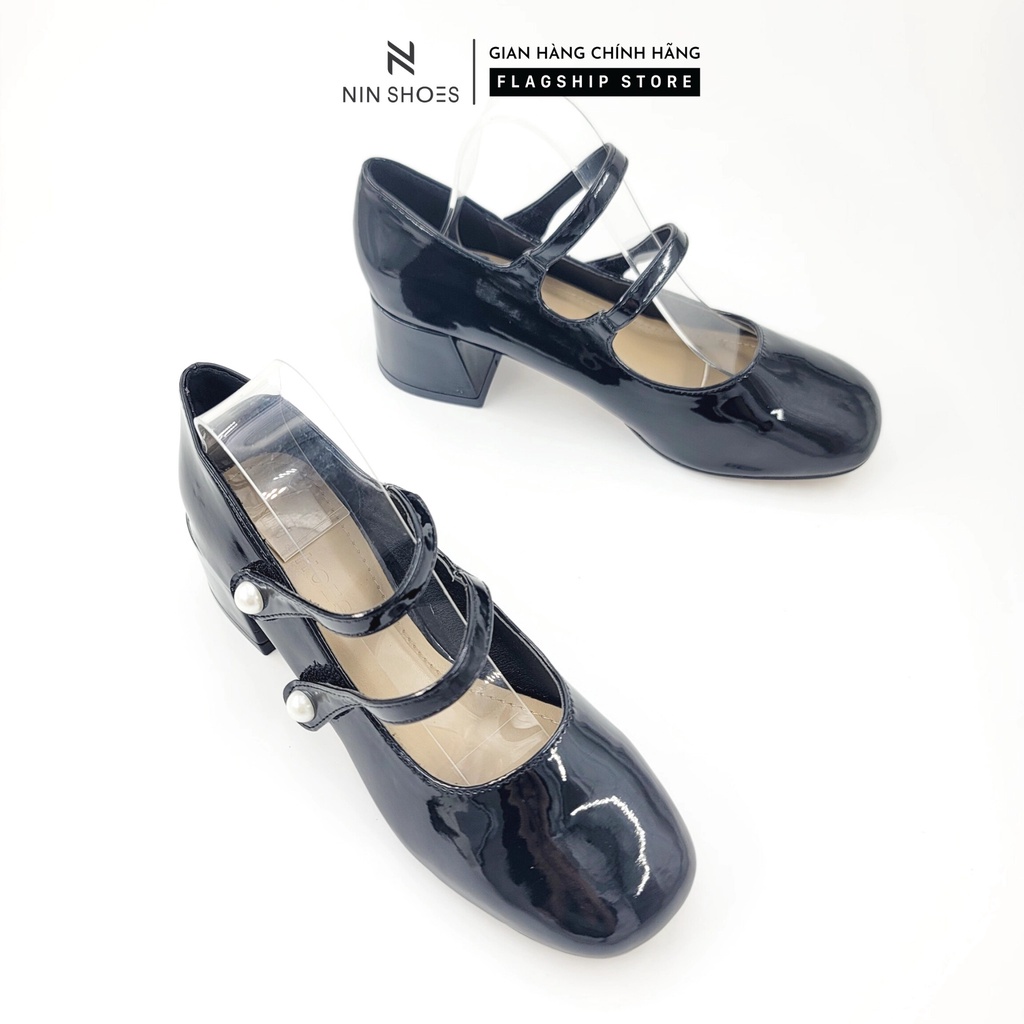 Giày cao gót Ninshoes 3 Phân đế vuông mũi tròn quai ngang đính ngọc