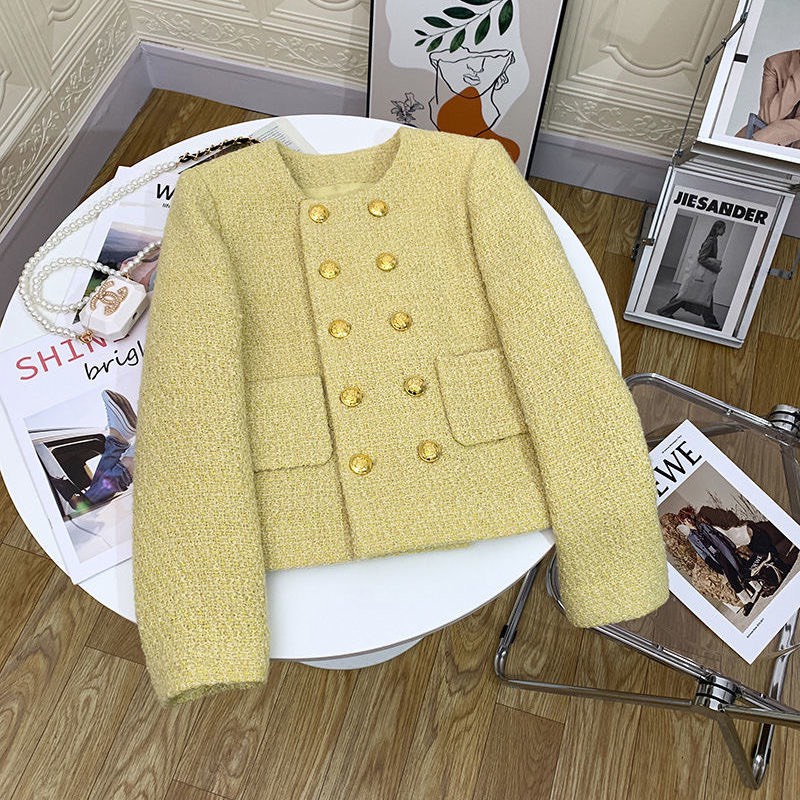 Áo khoác dạ tweed nữ dáng ngắn cúc đồng sang chảnh, tiểu thư 2 màu siêu xinh