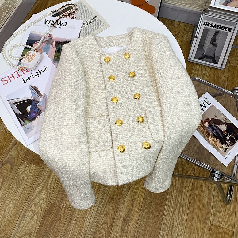 Áo khoác dạ tweed nữ dáng ngắn cúc đồng sang chảnh, tiểu thư 2 màu siêu xinh
