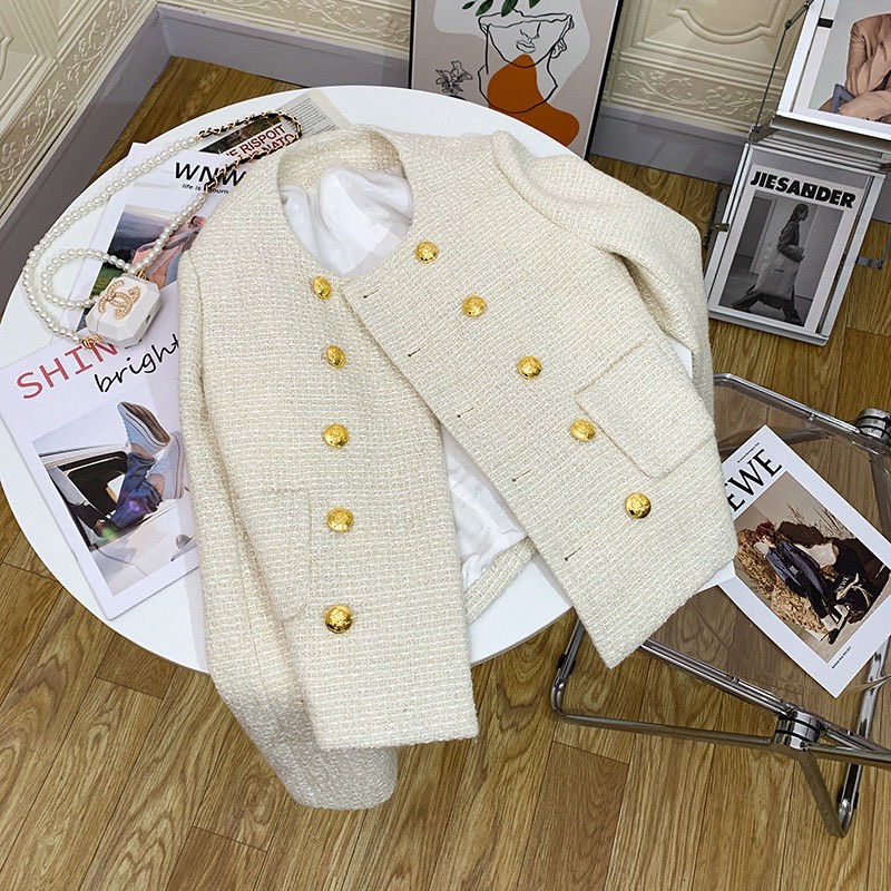 Áo khoác dạ tweed nữ dáng ngắn cúc đồng sang chảnh, tiểu thư 2 màu siêu xinh