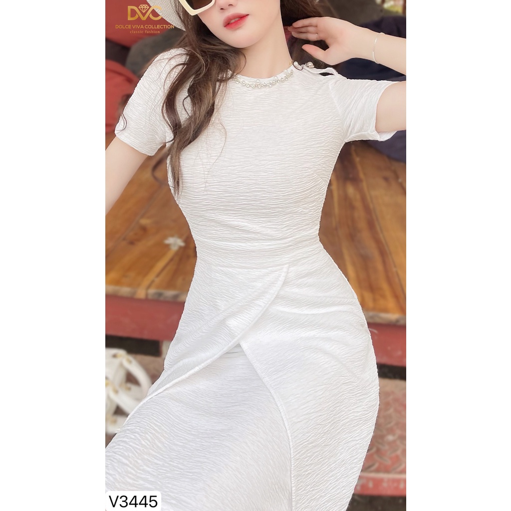 VÁY TRẮNG XẺ TÀ CỔ ĐÍNH ĐÁ NGỌC V3445 - DVC