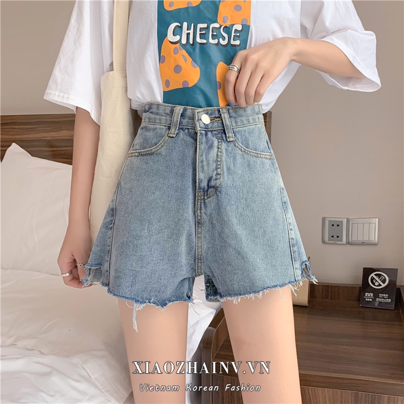Xiaozhainv Quần Short Denim Lưng Cao Ống Rộng Phong Cách Retro Hàn Quốc