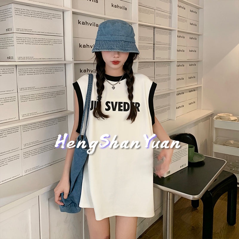 Áo thun HENG SHAN YUAN không tay cổ tròn in chữ màu tương phản dáng rộng thời trang cho nữ