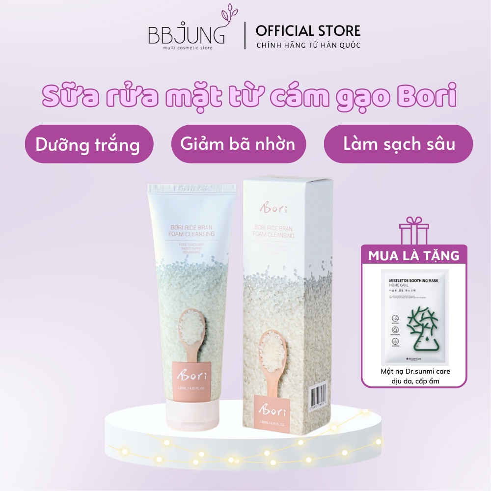 Sữa rửa mặt chiết xuất cám gạo dưỡng trắng, thu nhỏ lỗ chân lông - Bori Rice Bran Foam Cleansing 120ml