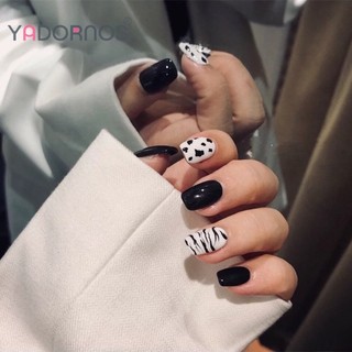 YADORNOS Bộ 24 móng tay giả phủ lì họa tiết da báo trắng đen thời trang
