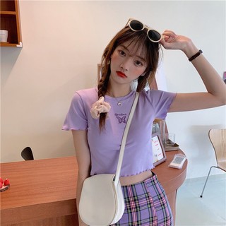 Áo thun cổ tròn in hình bướm, áo croptop lửng eo