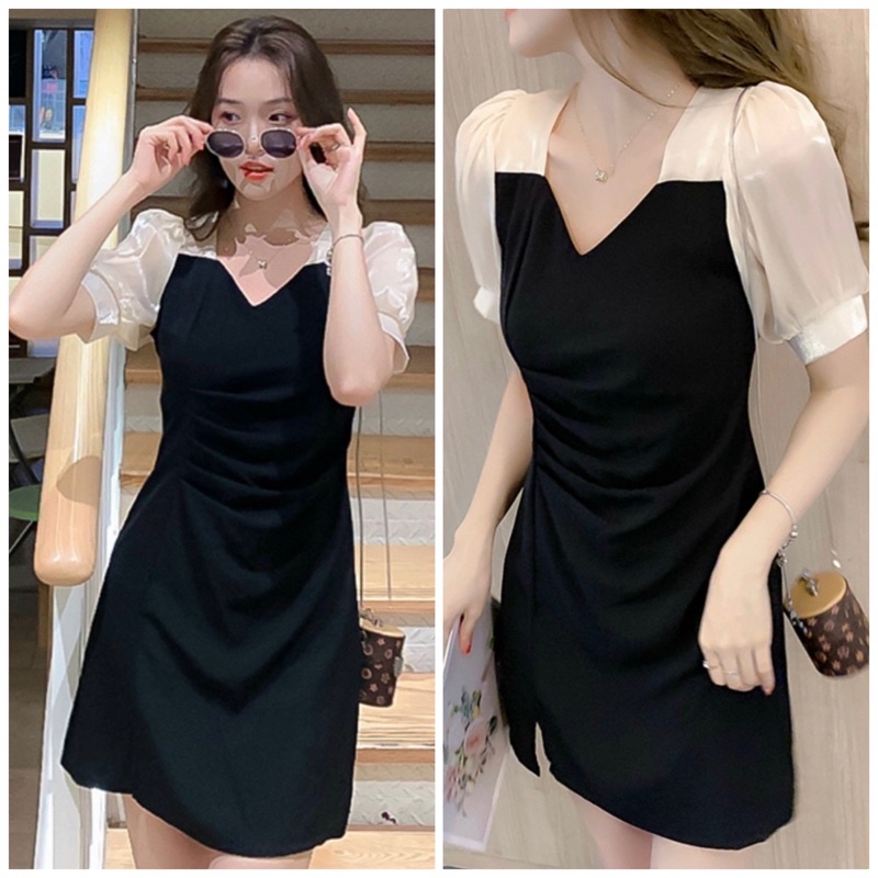 Đầm đen phối trắng nhúng eo (kèm hình thật)
