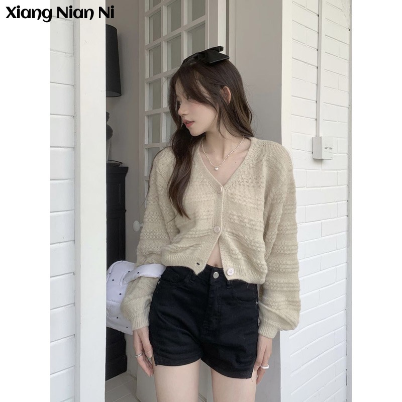 Xiang Nian Ni Áo Khoác Cardigan Dệt Kim Dáng Ngắn Thời Trang Mùa Thu Pháp Hàng Mới Về
