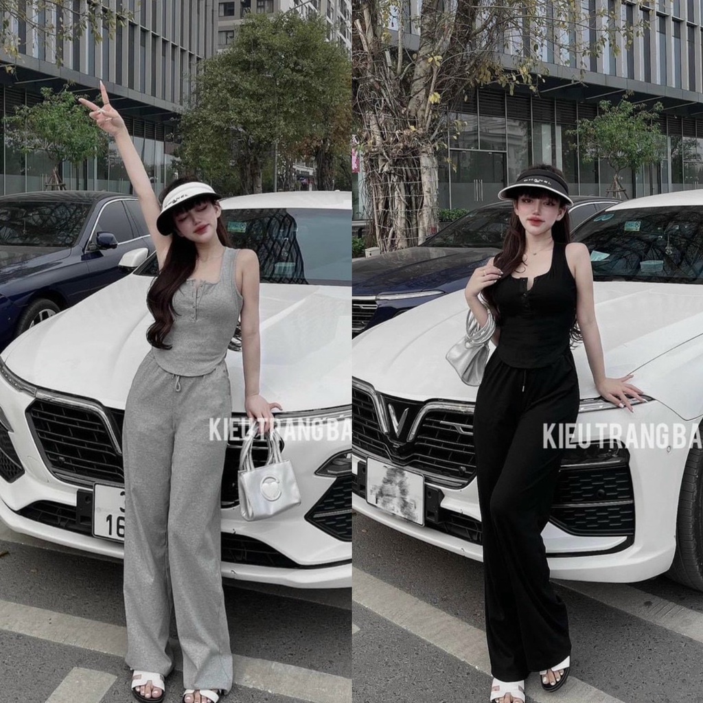 Set bộ đồ nữ thun gân dáng thể thao áo ba lỗ mix quần suông tôn dáng dành cho các tình yêu