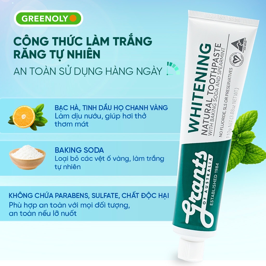 Kem Đánh Răng Grants Whitening Trắng Răng Tự Nhiên 110g Chiết Xuất Thiên Nhiên Hữu Cơ Hương Bạc Hà The Mát