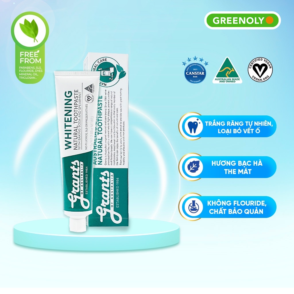 Kem Đánh Răng Grants Whitening Trắng Răng Tự Nhiên 110g Chiết Xuất Thiên Nhiên Hữu Cơ Hương Bạc Hà The Mát