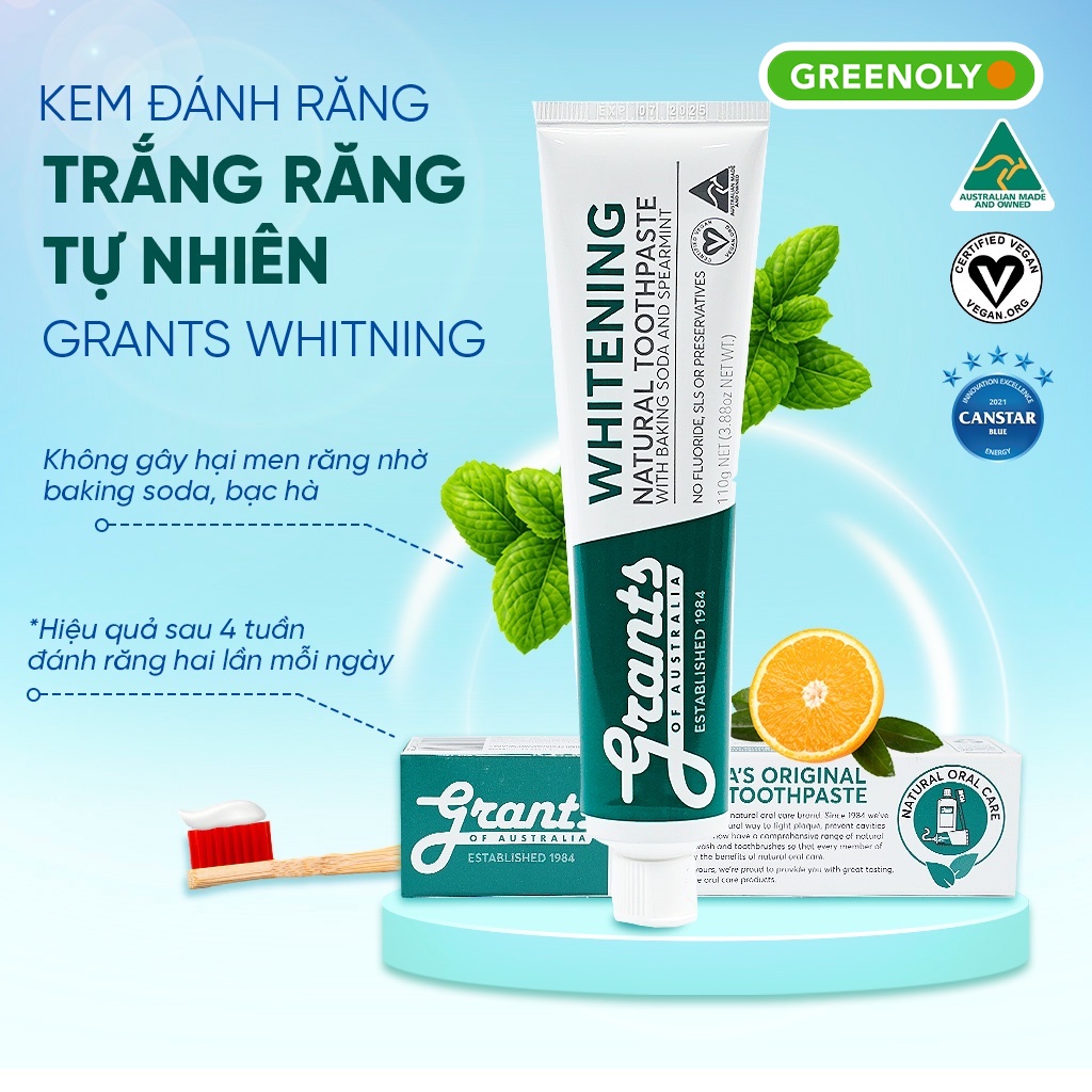 Kem Đánh Răng Grants Whitening Trắng Răng Tự Nhiên 110g Chiết Xuất Thiên Nhiên Hữu Cơ Hương Bạc Hà The Mát