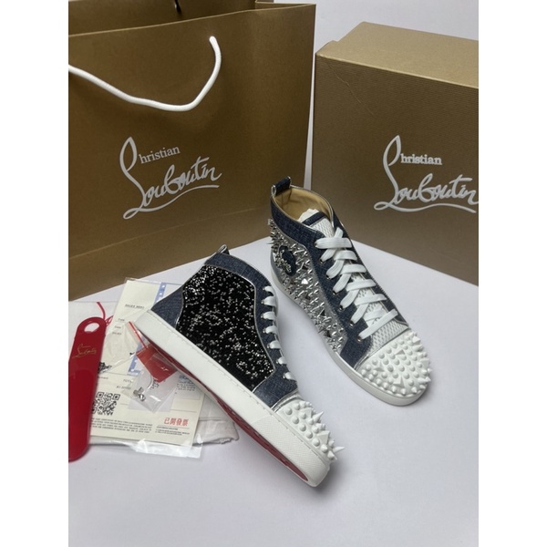 - Sneaker Louboutin Xanh Mũi Trắng Cao Cổ - Giày Lbt Đính Hạt Cườm Gót Đỏ Full Box Hàng Loại 1 QCCC