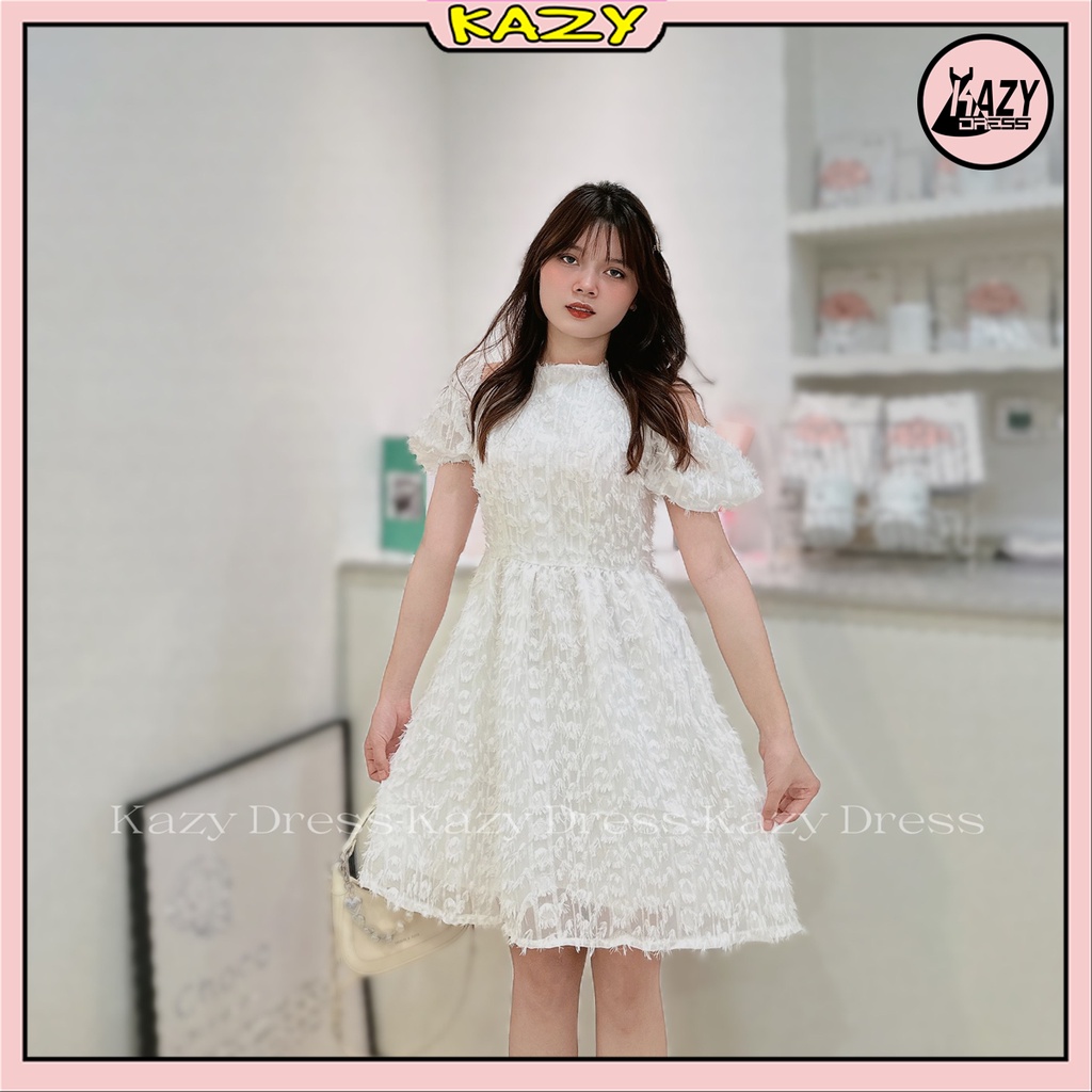 Váy trắng tiểu thư dự tiệc cổ yếm trễ vai tay bồng 2 lớp thêu hoa dáng xinh Hàn Quốc KAZY DRESS V003 | BigBuy360 - bigbuy360.vn