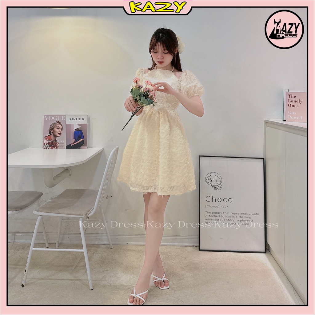 Váy trắng tiểu thư dự tiệc cổ yếm trễ vai tay bồng 2 lớp thêu hoa dáng xinh Hàn Quốc KAZY DRESS V003 | BigBuy360 - bigbuy360.vn